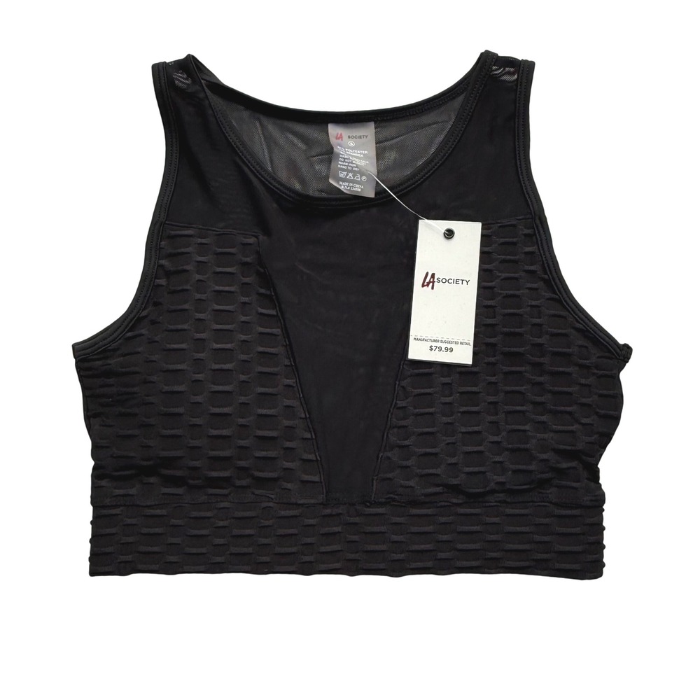 NWT LA Society Black Honeycomb Mesh High Neck Sports Bra Crop Top Size Small
